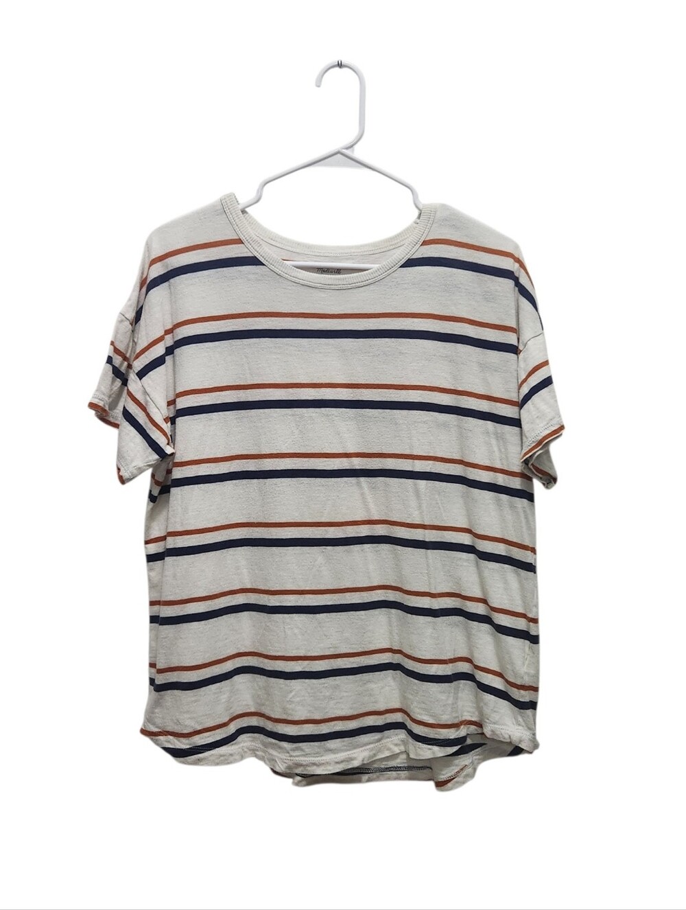 Madewell White Tee with Navy and Rust Stripe Short Sleeve